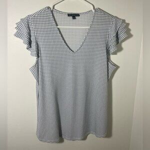 Adrianna Papel White, Blue and Grey flutter sleeve top.